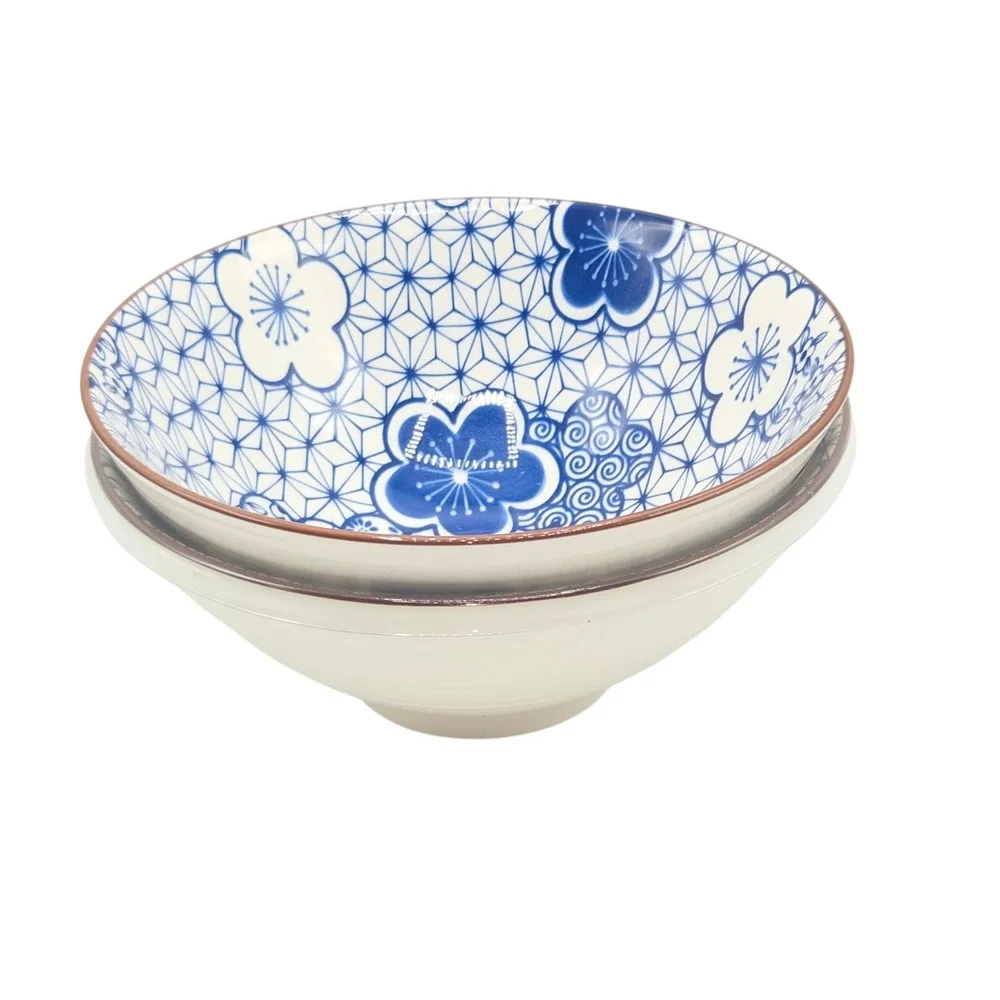 SH Home Blue Floral Ceramic Ramen Noodle Bowl Set of 2 With Chopsticks And Spoon